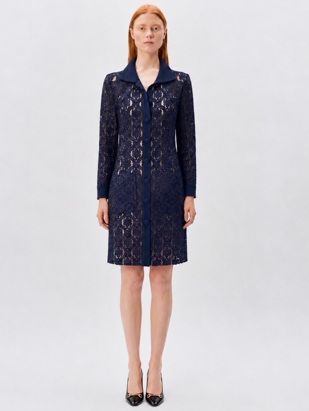 Judith & Charles Navy Blue Lace Long Sleeve Shirt Dress size 4 - Picture 1 of 16